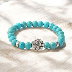 NWT Boho Seashell Turqoise Bead Stretch Bracelet